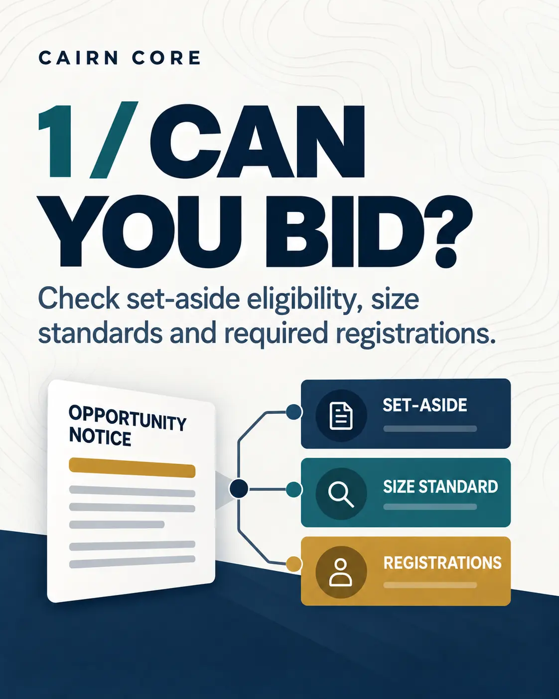 Step one: Can you bid? Review set-aside eligibility, size standards, and registrations.