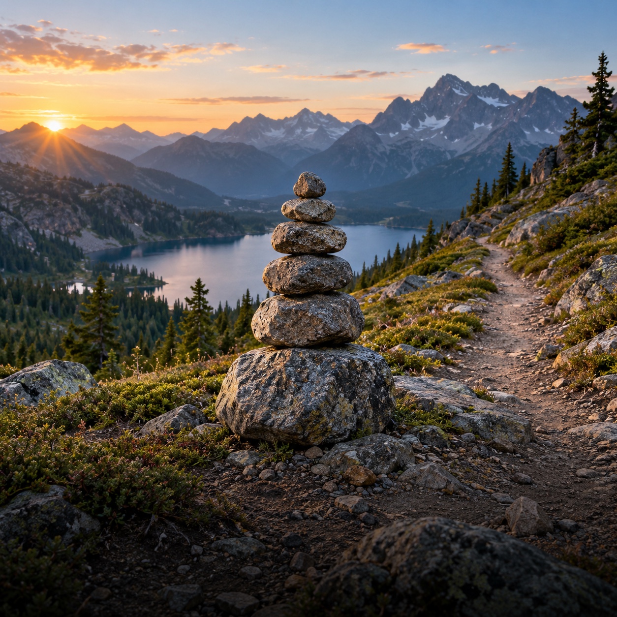 Stone cairn beside a mountain trail overlooking a lake at sunrise
