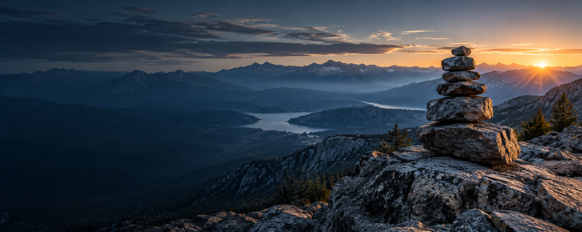 Stone cairn overlooking a mountain landscape at sunrise